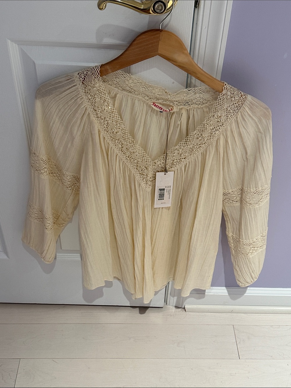 NWT Rebecca Taylor Sequin Boho Lace-Trim Cream Women's Blouse - size 2